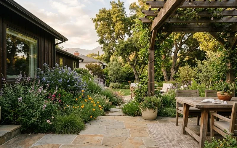 Pasadena backyard with California native softscape planting alongside a natural stone paver hardscape patio and pergola