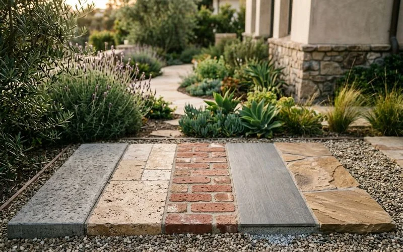 Five common LA paver types side by side: concrete, travertine, brick, porcelain, flagstone