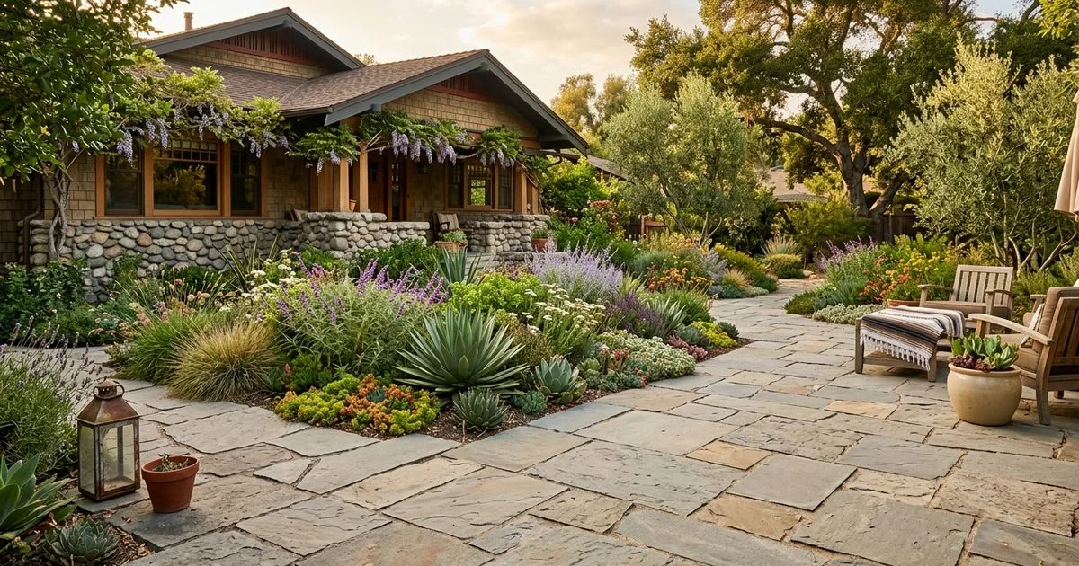 Pasadena Craftsman backyard with natural stone paver patio and drought-tolerant planting beds at a clean hardscape-to-softscape transition