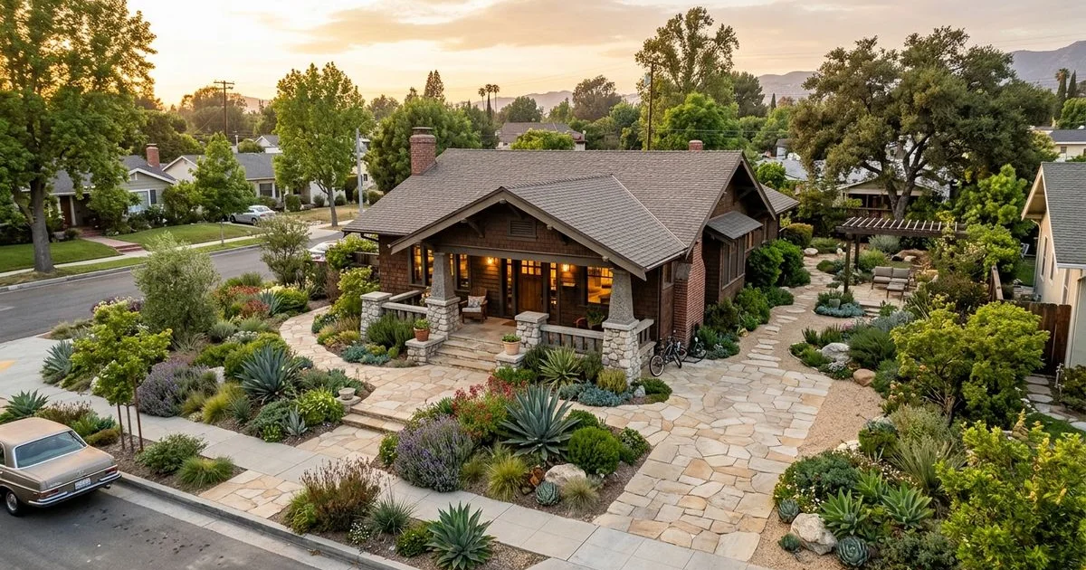 Wide aerial view of a Craftsman bungalow in Pasadena with drought-tolerant softscape planting and natural stone paver hardscape patio
