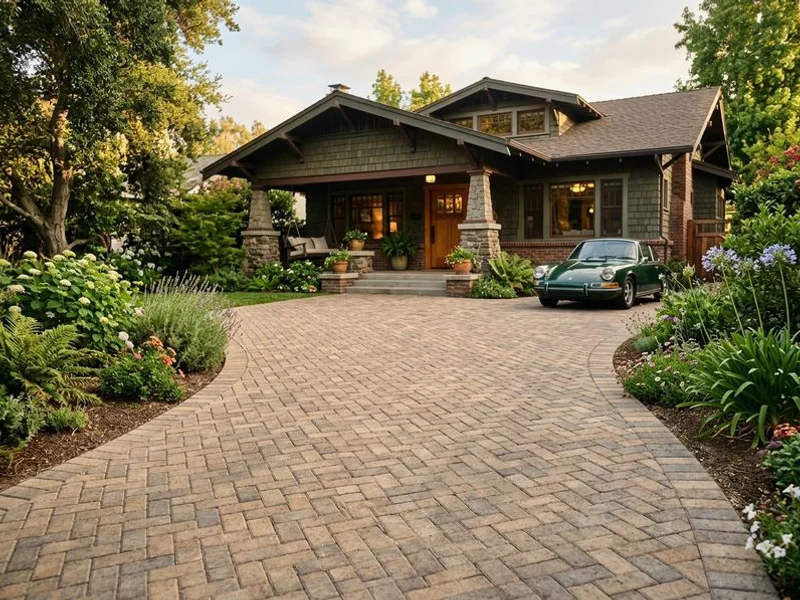 Belgard interlocking paver driveway in herringbone pattern at a Pasadena Craftsman home
