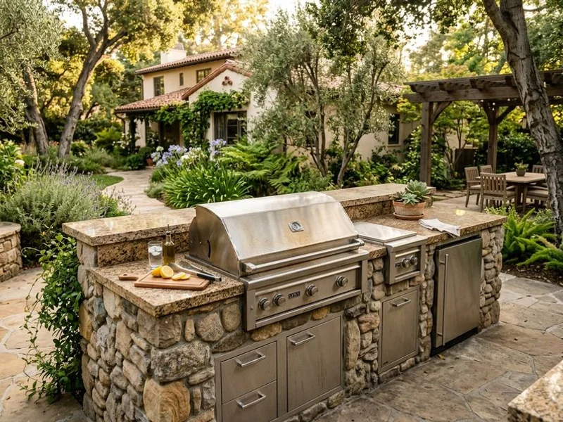 Built-in BBQ island with stainless Lynx grill installed at a Pasadena home