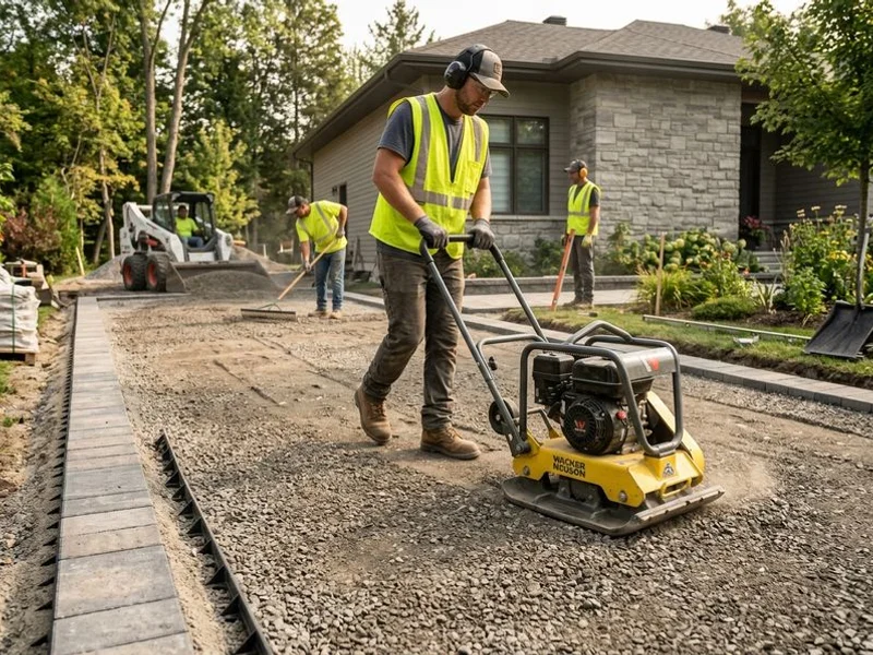 Ridgeline crew compacting aggregate sub-base before paver installation in Los Angeles