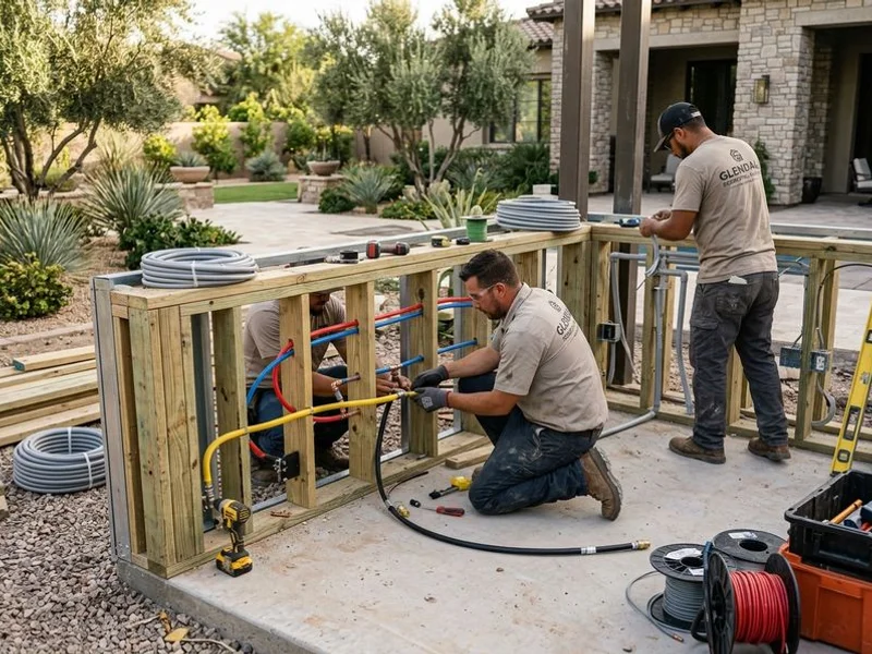 Ridgeline Outdoor Living crew running gas, water, and electrical rough-ins for an outdoor kitchen in Los Angeles