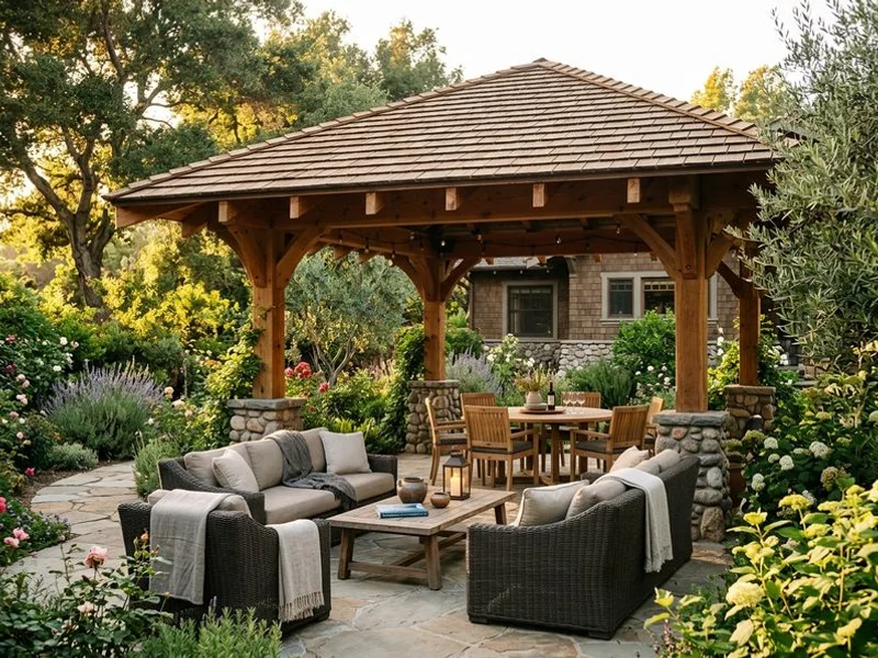 Custom wood gazebo built by Ridgeline crew at a Pasadena Craftsman home