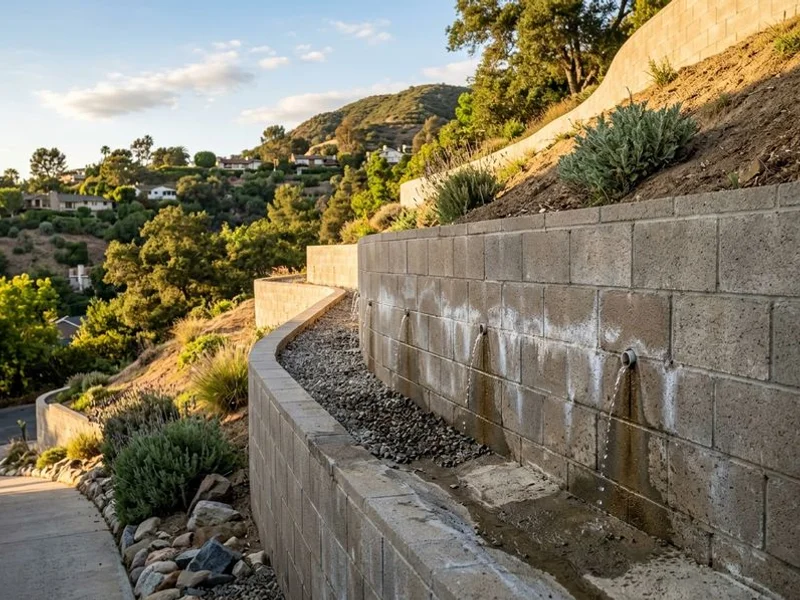 Sub-surface drainage with weep holes behind a CMU retaining wall on a Los Angeles hillside