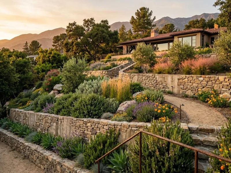 Three-tier hillside terracing with stepped retaining walls at an Altadena home