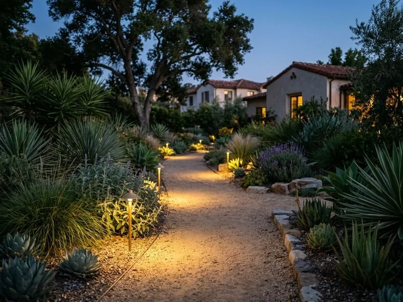 LED pathway lighting along a decomposed granite walkway in a San Marino garden