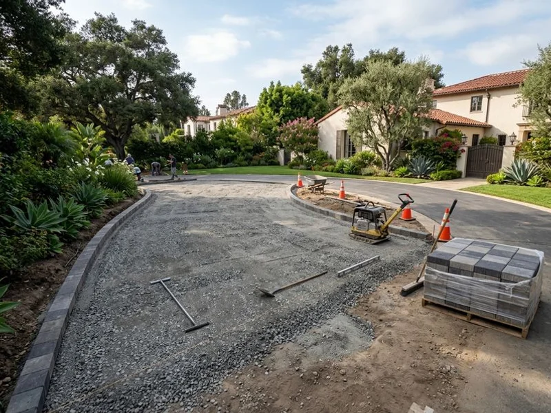 Ridgeline crew installing paver driveway widening with compacted aggregate base in San Marino
