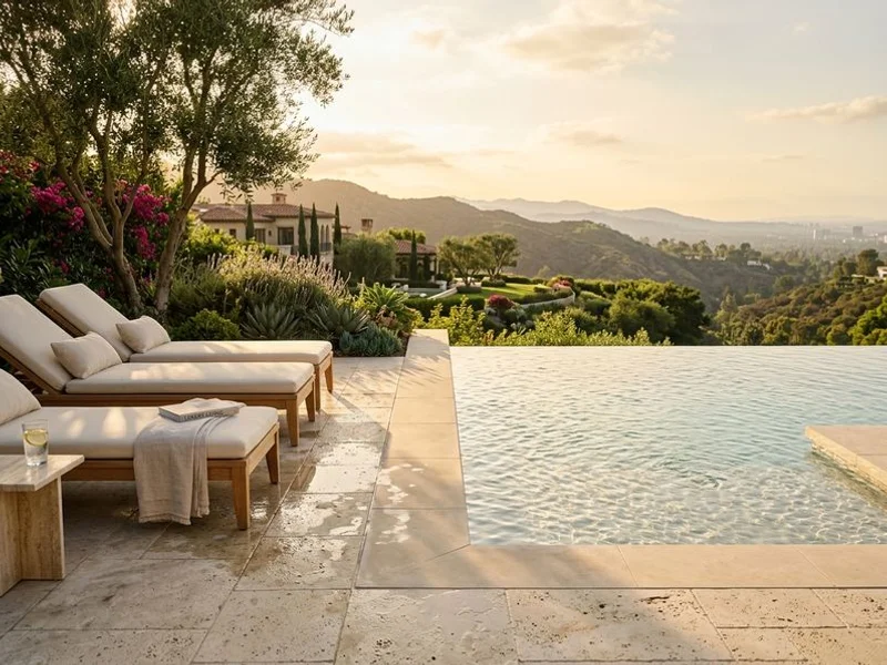 Pool deck pavers with slip-rated coping around infinity-edge pool in Beverly Hills