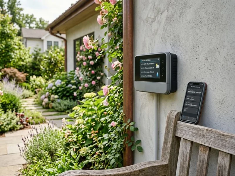 Rachio smart irrigation controller mounted on a Los Angeles home wall