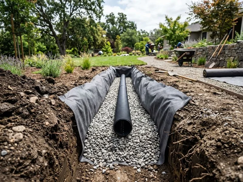 Ridgeline crew installing a trenched French drain with gravel and geotextile in a Los Angeles yard